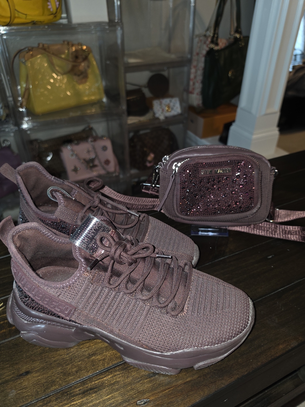 Steve Madden Mauve Knit Sneakers with Glitter Crossbody